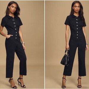 Lulu’s Trailblazer Black Denim Button Front Utility Short Sleeve Jumpsuit Large